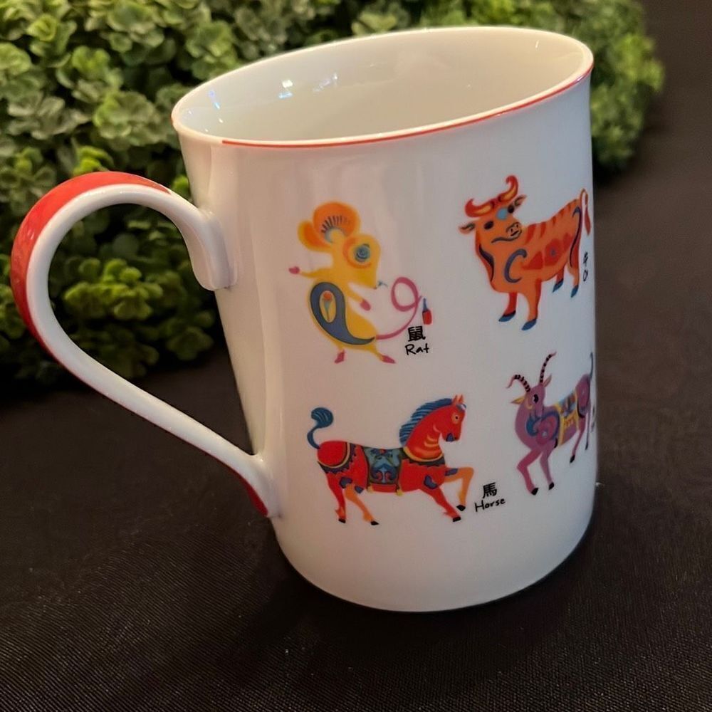 Pier 1 Chinese Zodiac Coffee Tea Mug Cup Porcelain White Red Handle